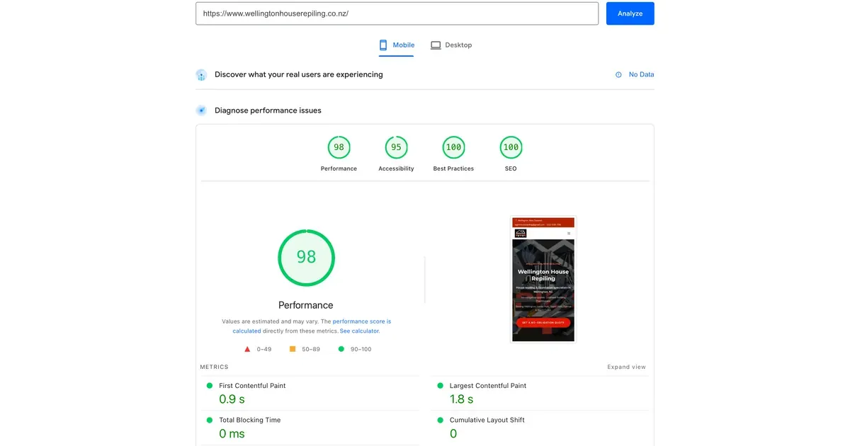 Google PageSpeed Insights mobile result after the rebuild: performance 98, accessibility 95, first contentful paint 0.9 seconds, largest contentful paint 1.8 seconds, and total blocking time 0 milliseconds
