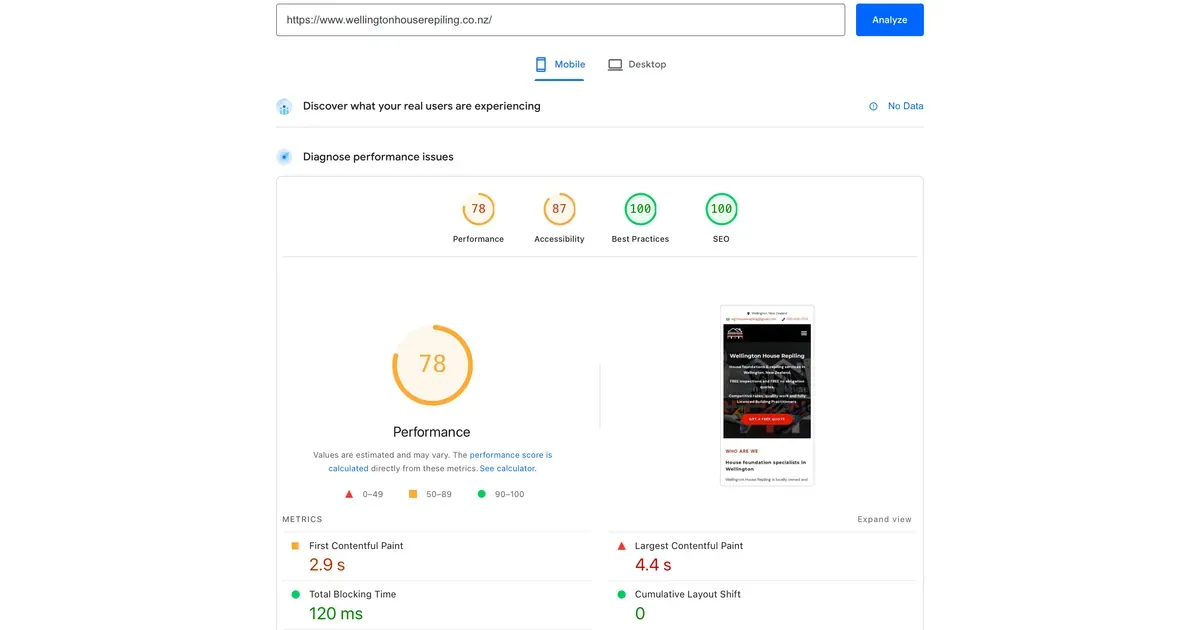 Google PageSpeed Insights mobile result before the rebuild: performance 78, accessibility 87, first contentful paint 2.9 seconds, largest contentful paint 4.4 seconds, and total blocking time 120 milliseconds