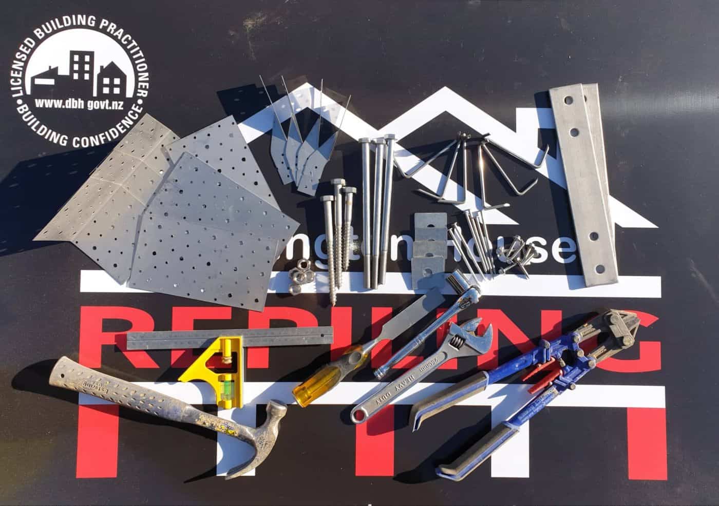 Wellington House Repiling tools, mechanical connections and Licensed Building Practitioner branding